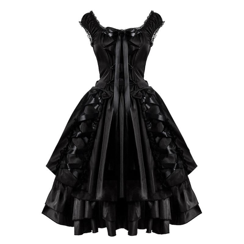 

Casual Dresses Cosplay Women Vintage Slim Gothic Classic Black Layered Lace Up Goth Lolita Party Dress Vestido De MujerCasual