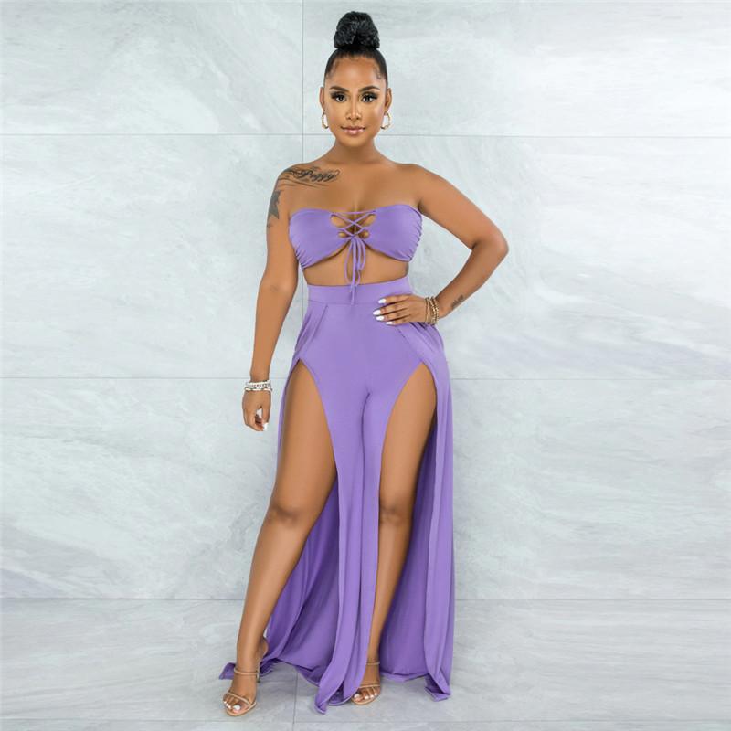 

Women' Two Piece Pants Women Sexy Two-piece Club Streetwear Outfits Solid Lace-up Strapless Crop Tops And Split Set Summer Chic Clothes, Black