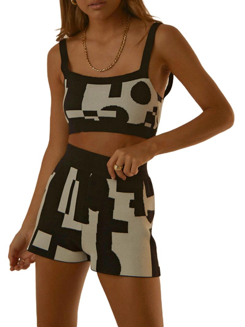 

Women' Tracksuits Women Knit Print 2 Piece Shorts Sets Sleeveless O-Neck Cami Crop Tops High Waist Casual Y2k StreetwearWomen