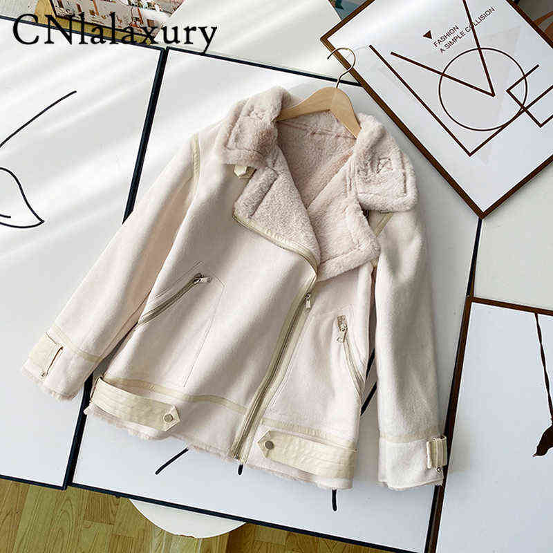 

2022 New Faux Leather Suede Jacket Women Thick Warm Faux Rabbit Fur Winter Jacket Female Zipper Lapel Loose Motorcycle Runner J220727, Black