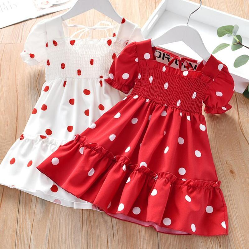 

Girl's Dresses 2022 Girls Summer Casual Fashion Costume Children Party Princess Sweet Lace Big Dot Chiffon Dress 2 3 4 5 6 7 Year, Red