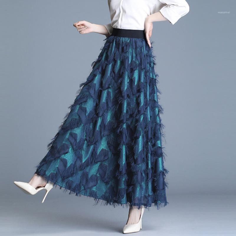 

Skirts 2022 Summer Long Skirt Women Elastic Waist Feather Tassel Female Elegant Runway Maxi Party Jupe Faldas, Picture color