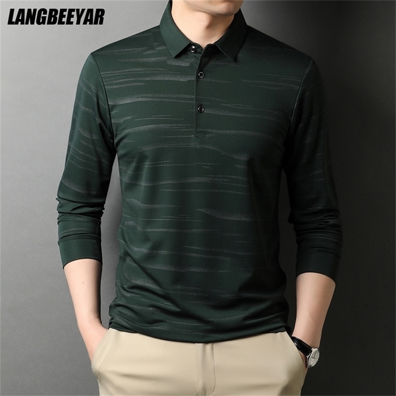 

High End Designer Fashion Brand Polo Shirt Men Black Striped Plain Korean Casual Long Sleeve Tops Men Clothes 220402, Navy blue