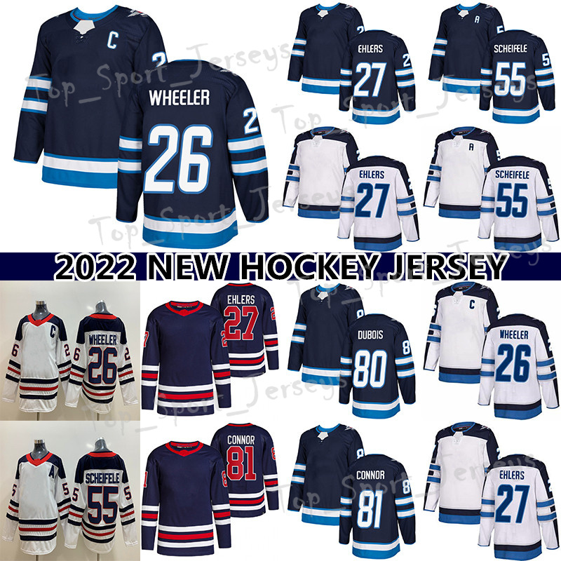 

Winnipeg''Jets'' hockey jersey 26 Blake Wheeler 27 Nikolaj Ehlers 55 Mark Scheifele 81 Kyle Connor 80 Pierre-Luc Dubois 37 Connor Hellebuyck jerseys, Navy blue
