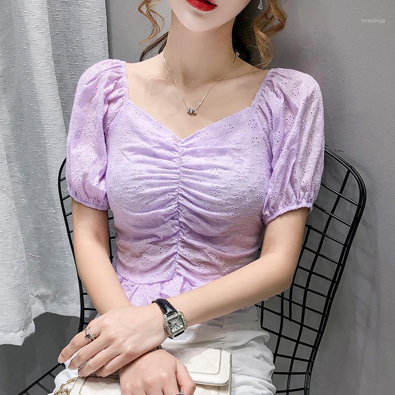 

Women' Blouses & Shirts Crop Top Women Bubble Short Sleeve Female Lotus Leaf Cotton Cutout Clothes Retro Casual White Purple 2022 Summer