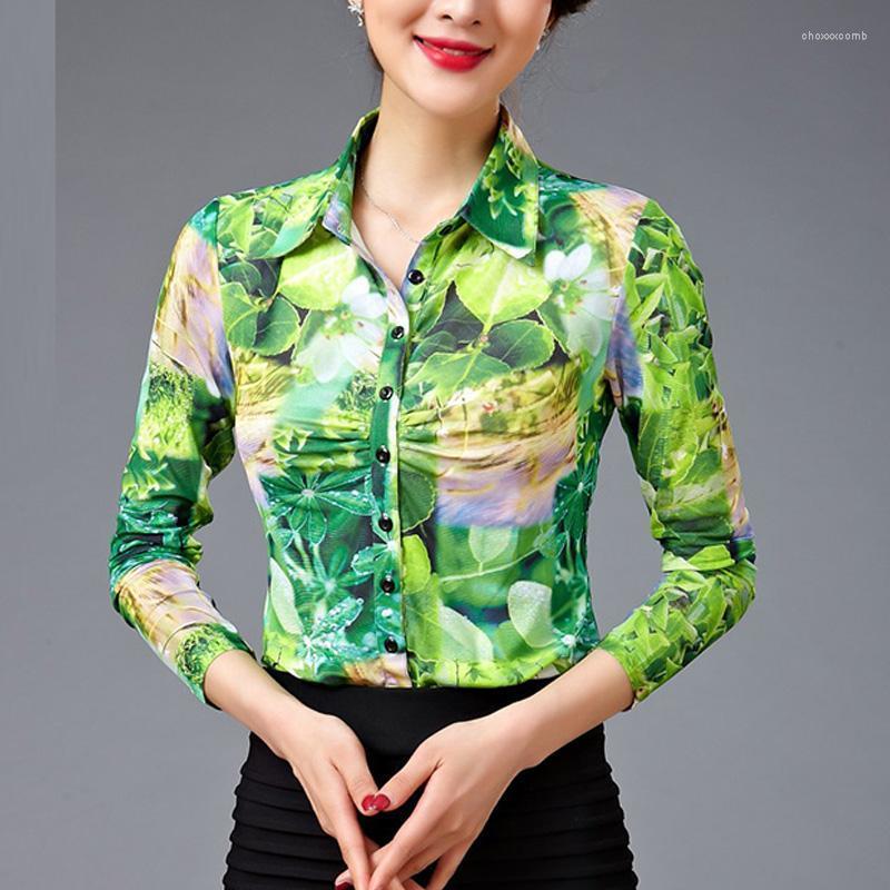 

Women' Blouses & Shirts Spring Autumn Fashion Womens Green Floral Painted Full Sleeve Pleated Mesh Blouse Shirt Casual Female Woman Flowe, As pic