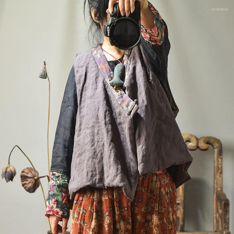 

Women's Vests Johnature Women Vintage Linen Patchwork Color Coats Button V-Neck 2022 Autumn Winter Female Warm Plus Cotton Luci22, Gray