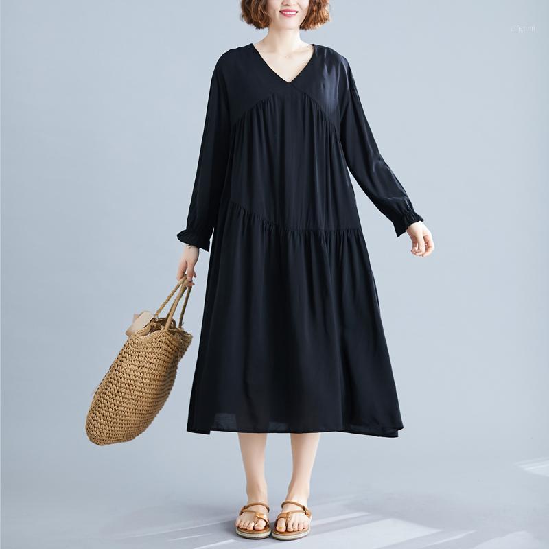 

Casual Dresses 2022 Arrival Long Sleeve Loose Autumn Dress V-neck Patchwork Office Lady OL Work Pleated Spring Black