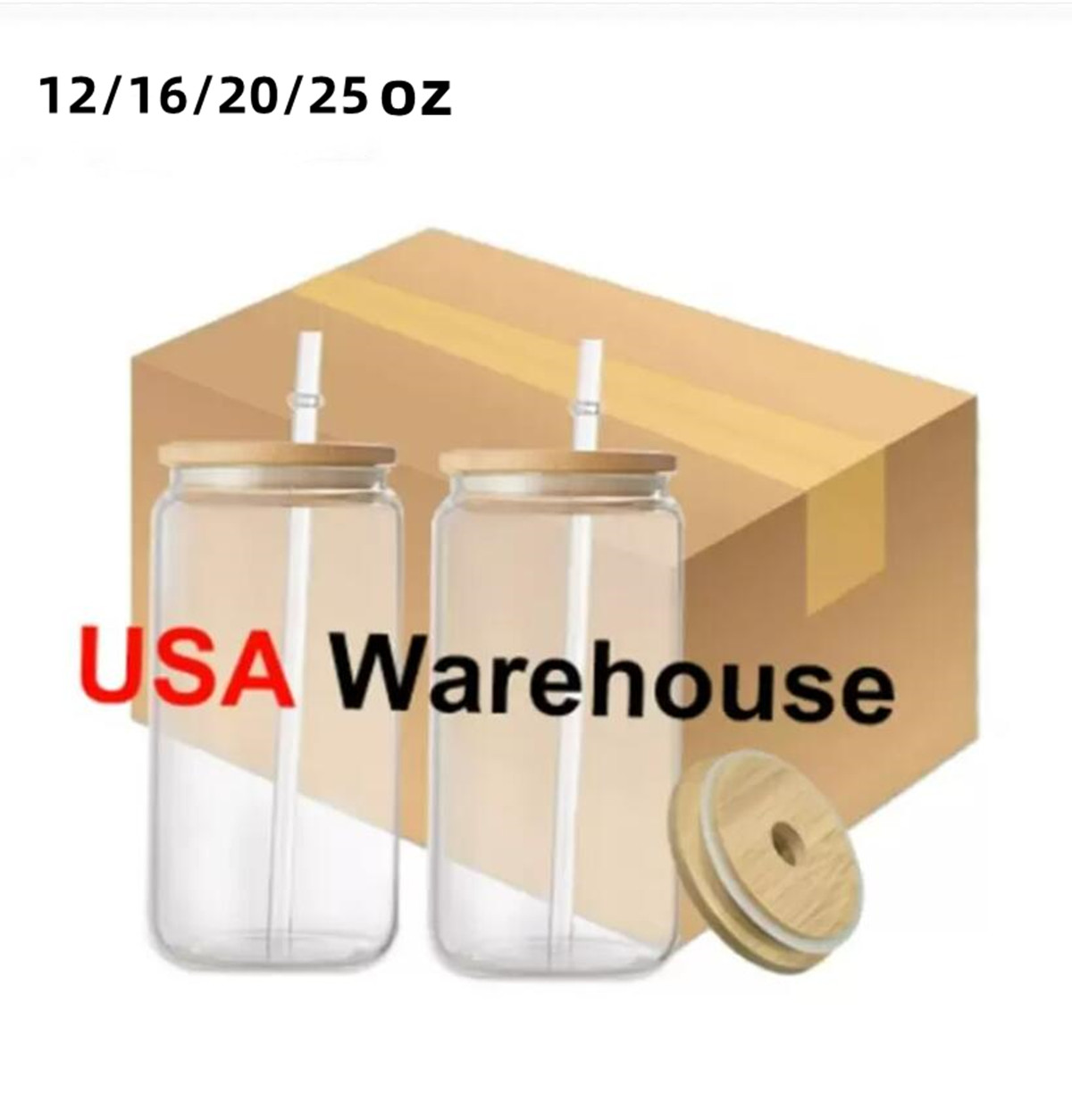 

US Local Warehouse 12oz 16oz 20oz 25oz Sublimation Glass Beer Mugs Iced Coffee Water Bottles Blank Tumbler Can Drinking Cups With Bamboo Lid And Reusable Straw, Clear