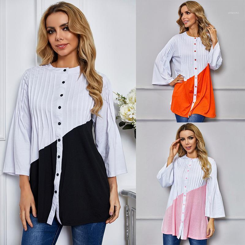

Arrival Shirts And Tops Femme Long Flare Sleeve Round Neck Pink Ruffles Buttons Length Patchwork Loose Women' Blouses, Black