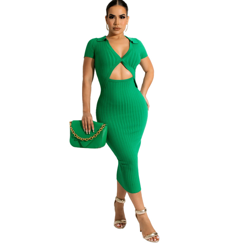 

Casual Dress lapel collar Midlength knit dresses short sleeves bodycon, 01