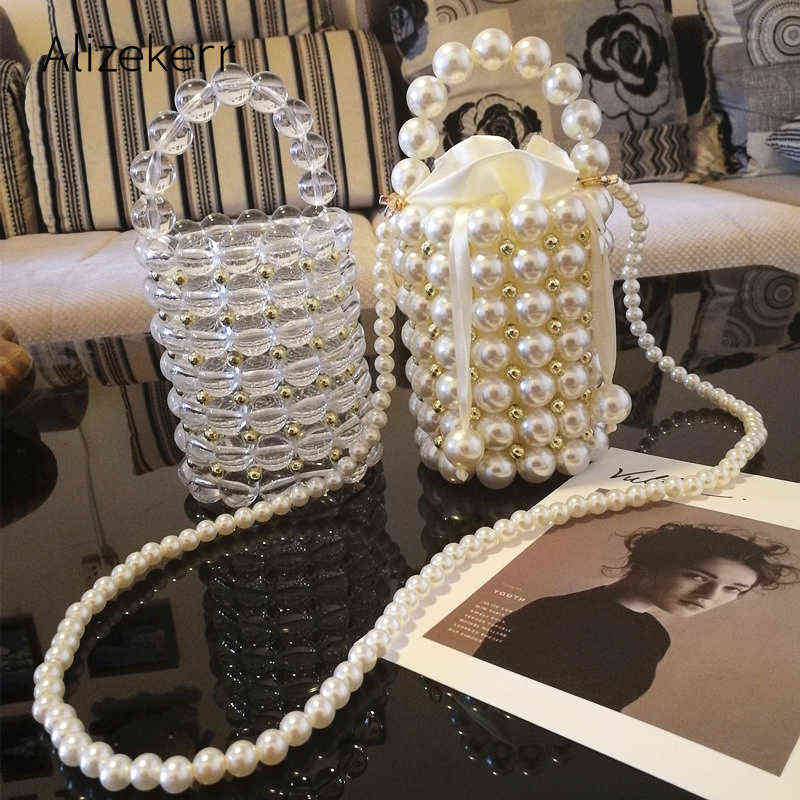 

Luxury Big Pearl Bucket Bag Women Chic Handmade Clear Beading Evening Clutch Purses And Handbags Ladies Messenger Bags Dinner T220727