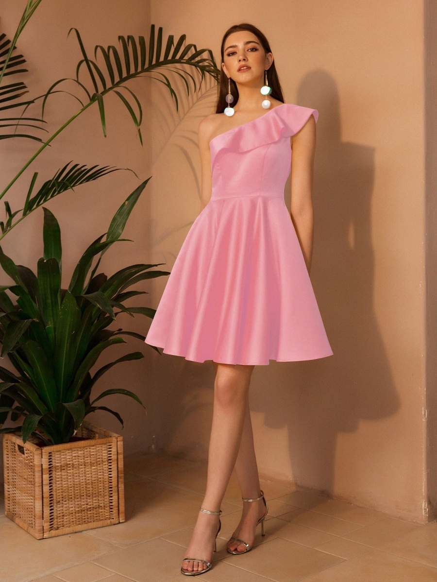 

angel FASHIONS One Shoulder Ruffle Satin Fit & Flare Dress r5wL#, Baby pink