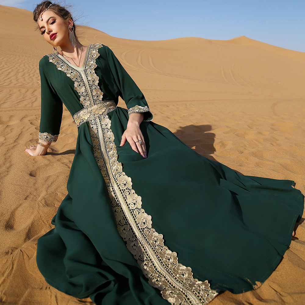 Vintage Dark Green Dubai Evening Dress 2022 Middle East Muslim Prom Dresses With Long Sleeve Sexy V Neck Caftan Abaya Party Wear Women Vestidos D