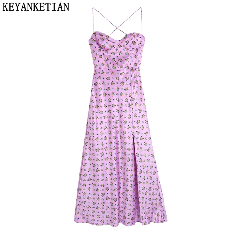 

KEYANKETIAN Fashion Women Spring Silk Satin Texture Print Slip Dress Front Slit Open Back Chic Ladies Midi 220614, Clear