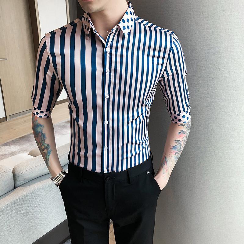 

Striped Shirts Men Business Dress Half Sleeve Slim Casual Shirt 2022 Summer Fashion Streetwear Social Party Blouse Chemise Homme Men's, Gray and black dots