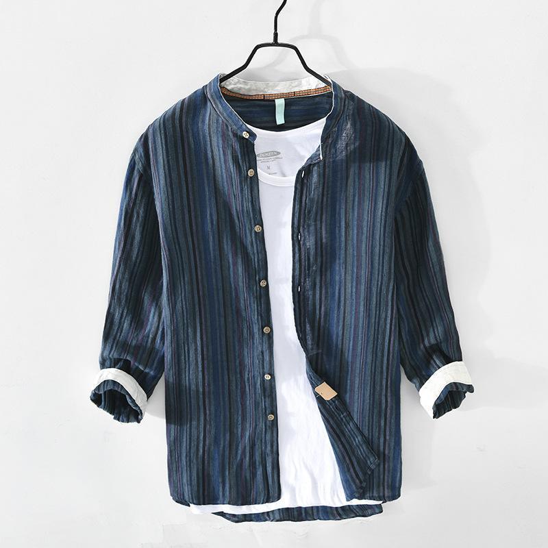 

Men's Stand Collar Striped Linen Shirt With Seven Quarter Sleeves, Casual Patchwork Shirts, Blue