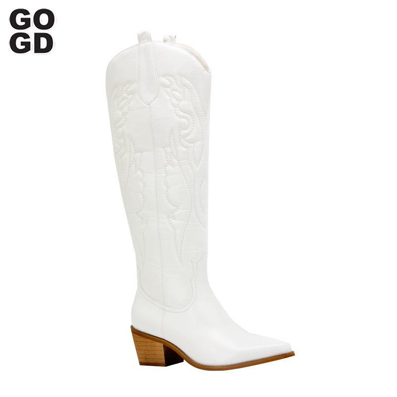 

GOGD Retro Autumn Winter White Knee High Boots Big Size  Women Comfy Walking Female Western Cowboy Boot For Drop Shoes 220815, Black
