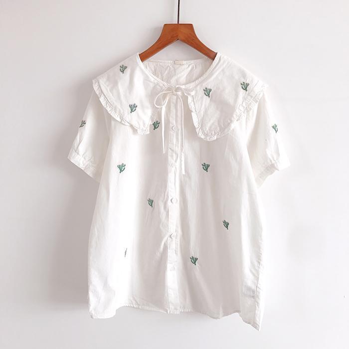 

Fresh And Sweet Style Short-sleeved Shirt Wooden Ear Lace Collar Doll Small Embroidery Pure Cotton White Blouse Female Su Women's Blouses &