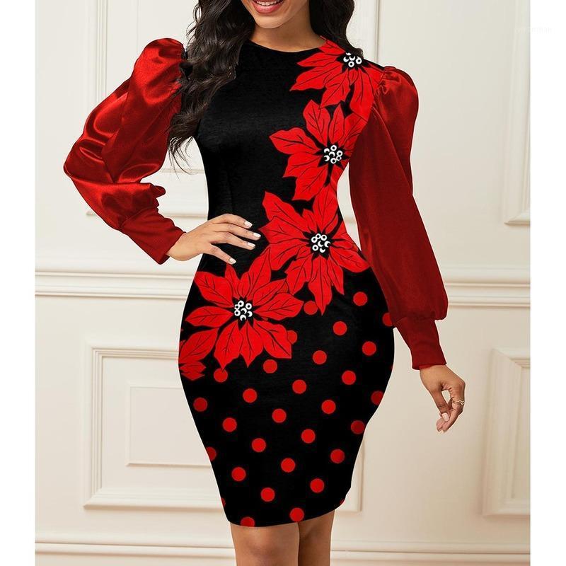 

Casual Dresses Elegant Geometric Print Puff Sleeve Color Block Dress Women 2022 Autumn Vintage Party Office Ladies Slim Work Bodycon, Red