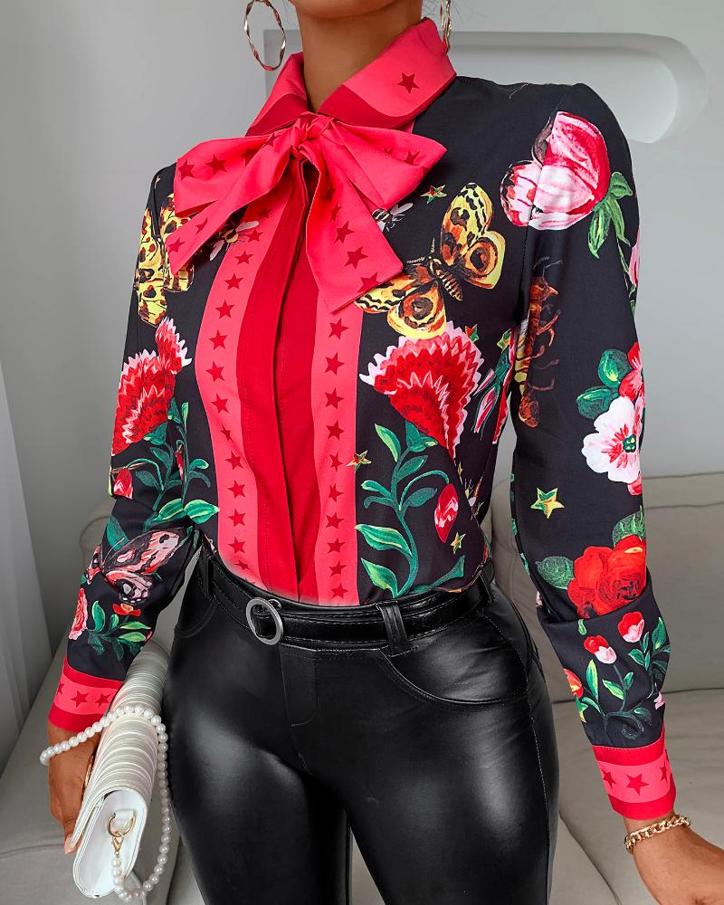 

Women' Blouses & Shirts 2022 Women Casual Autumn Turn-down Collar Chic Chiffon Blouse Tie Neck Floral Butterfly Print Long Sleeve Ladies Sh, Multi