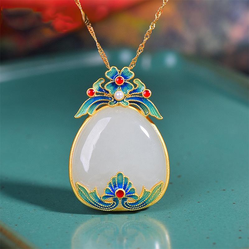 

Pendant Necklaces Enamel Natural Wada Jade Agate Stone Necklace For Women Gold Chain Aesthetic Art Vintage Nation Style Female AccessoriesPe