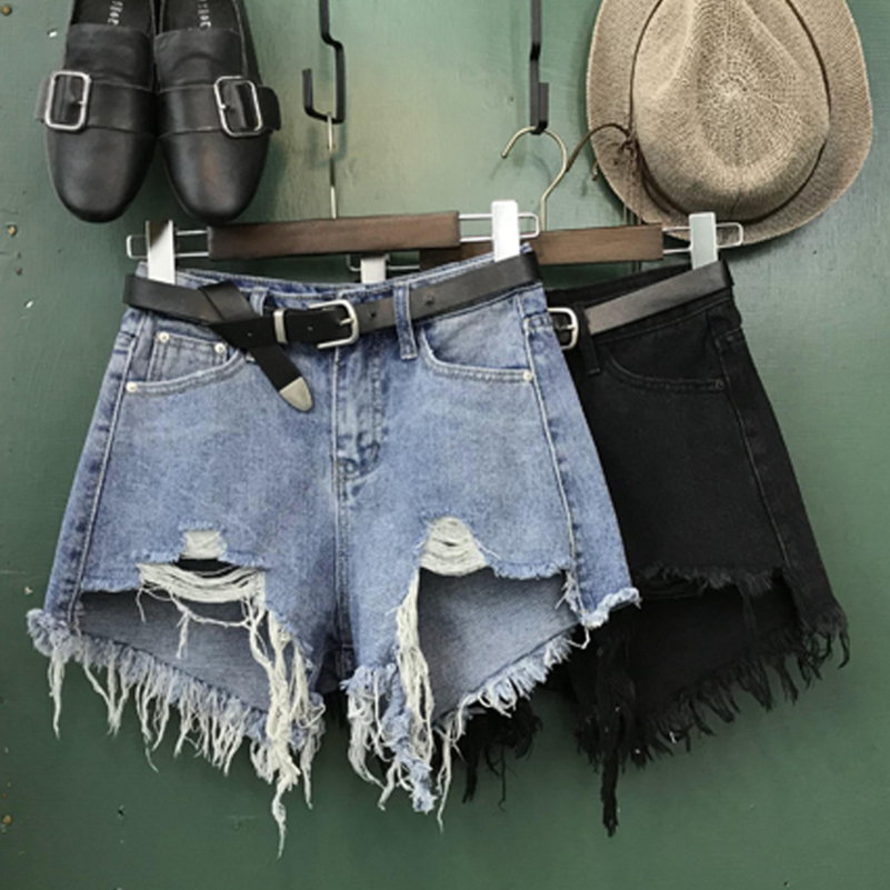 

High waist denim women summer loose wide leg hole tassel jeans shorts Y200822, White