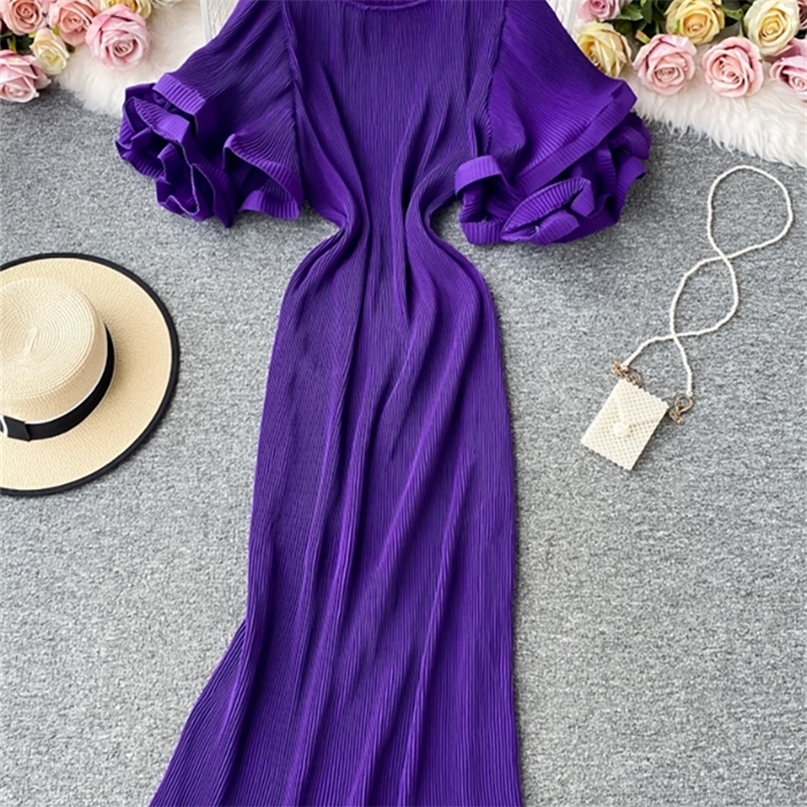 

Casual Round Neck Flare Short Sleeve Pleated Long Dress Vintage High Waist Ruffles Female Vestidos Fashion Robe Mujer 220613, Black