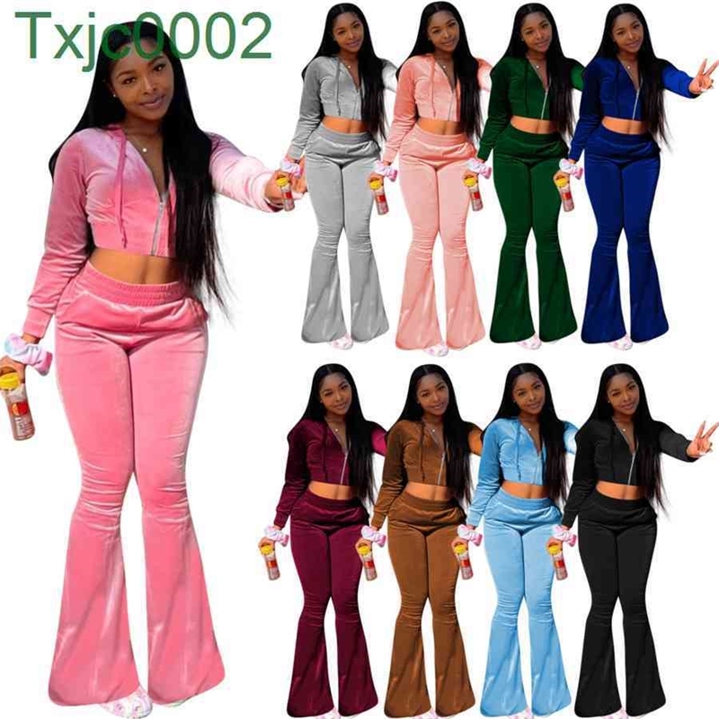 

Women Velour Tacksuits Two Pieces Set Designer Winter Velvet Hooded Zipper Jacket Wide Leg Pants Leisure Suits Ladies Sportwear, Brown
