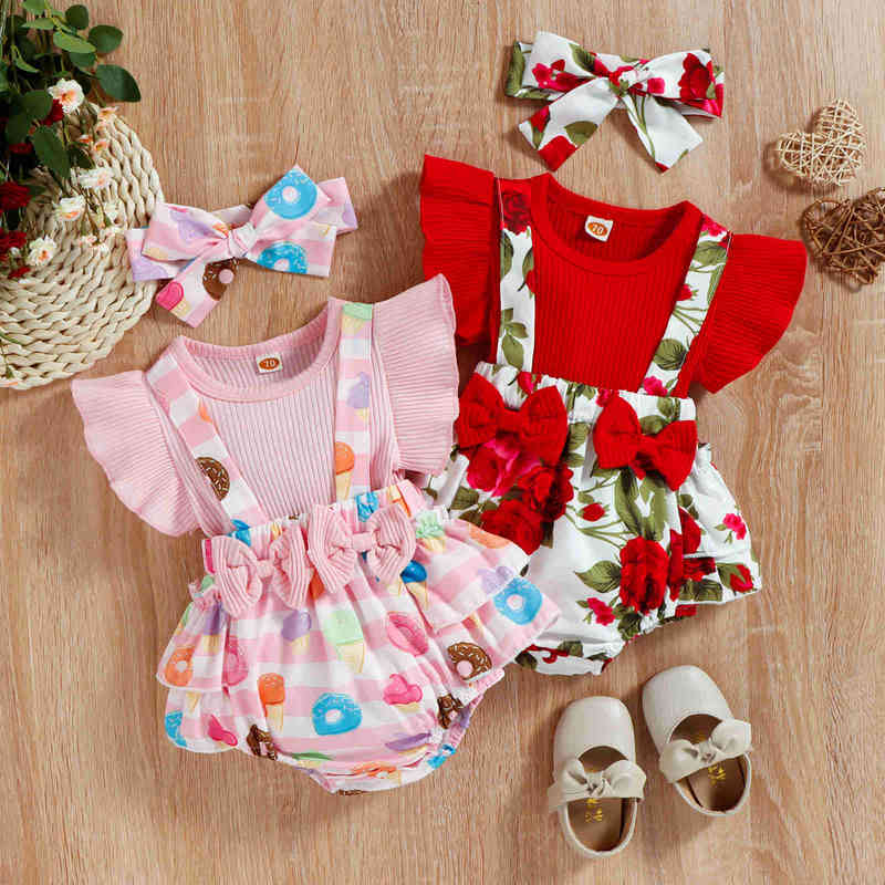 

Baby Girls Outfits Set Fake Two Piece Jarretelle Bow Patchwork DonutFlower Printed Ruffle Triangle Romper With Headband J220525, Red