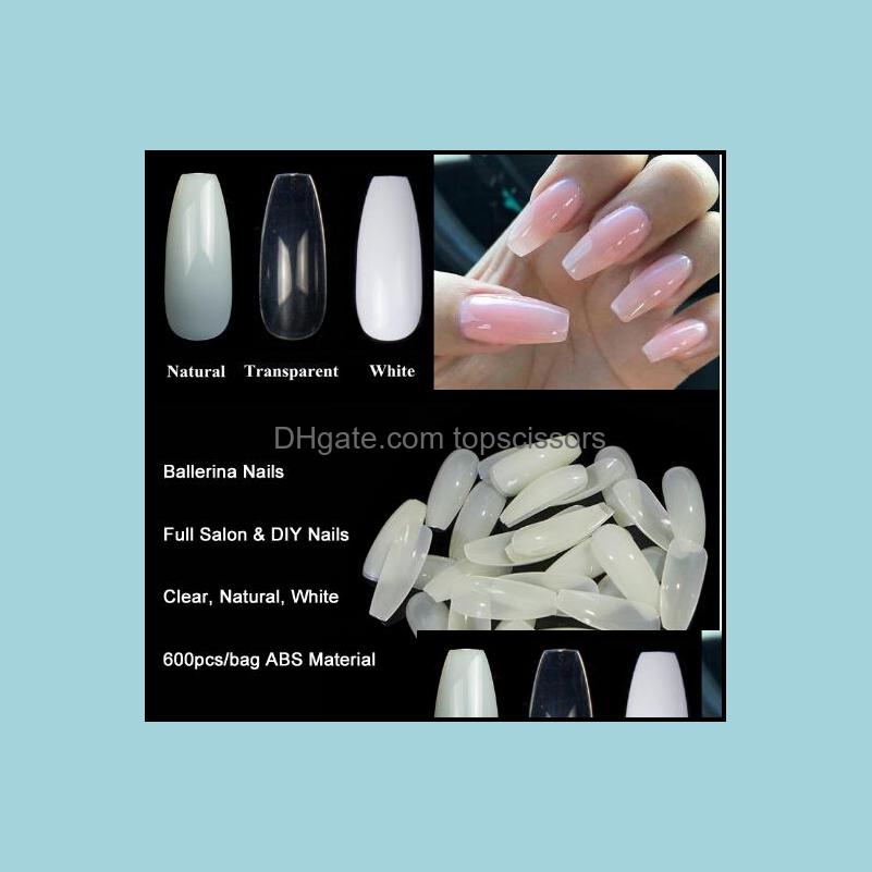 

False Nails Nail Art Salon Health Beauty Wholesale 600Pcs/Bag Ballerina Tips Transparent/Natural Coffin Flat Shape Fl Er Manicure Fake, Multi