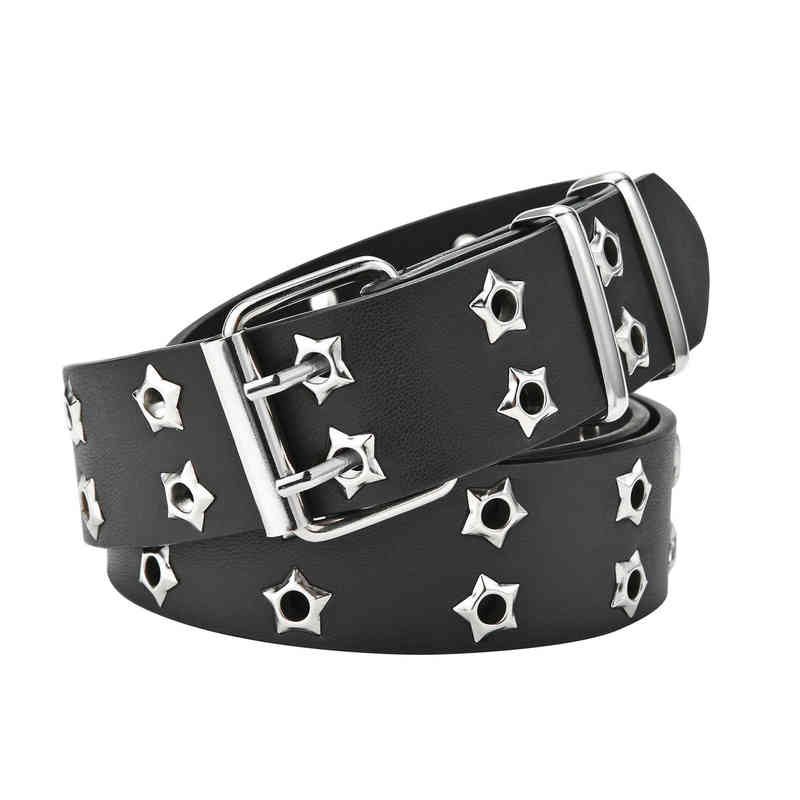

NEW Star Eye Rivet Belt Goth Style Double Pin Buckle Man/woman Fashion Casual Puck Style Pu Leather Waistband for Jeans Young Y220419, Black