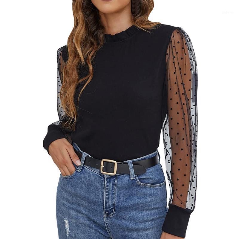 

Women's Blouses & Shirts Blusas Woman Mesh Patchwork Round Neck Long Sleeve Blouse Tops Fashion Black Lace Transparent Dot Pullover Casual, Red