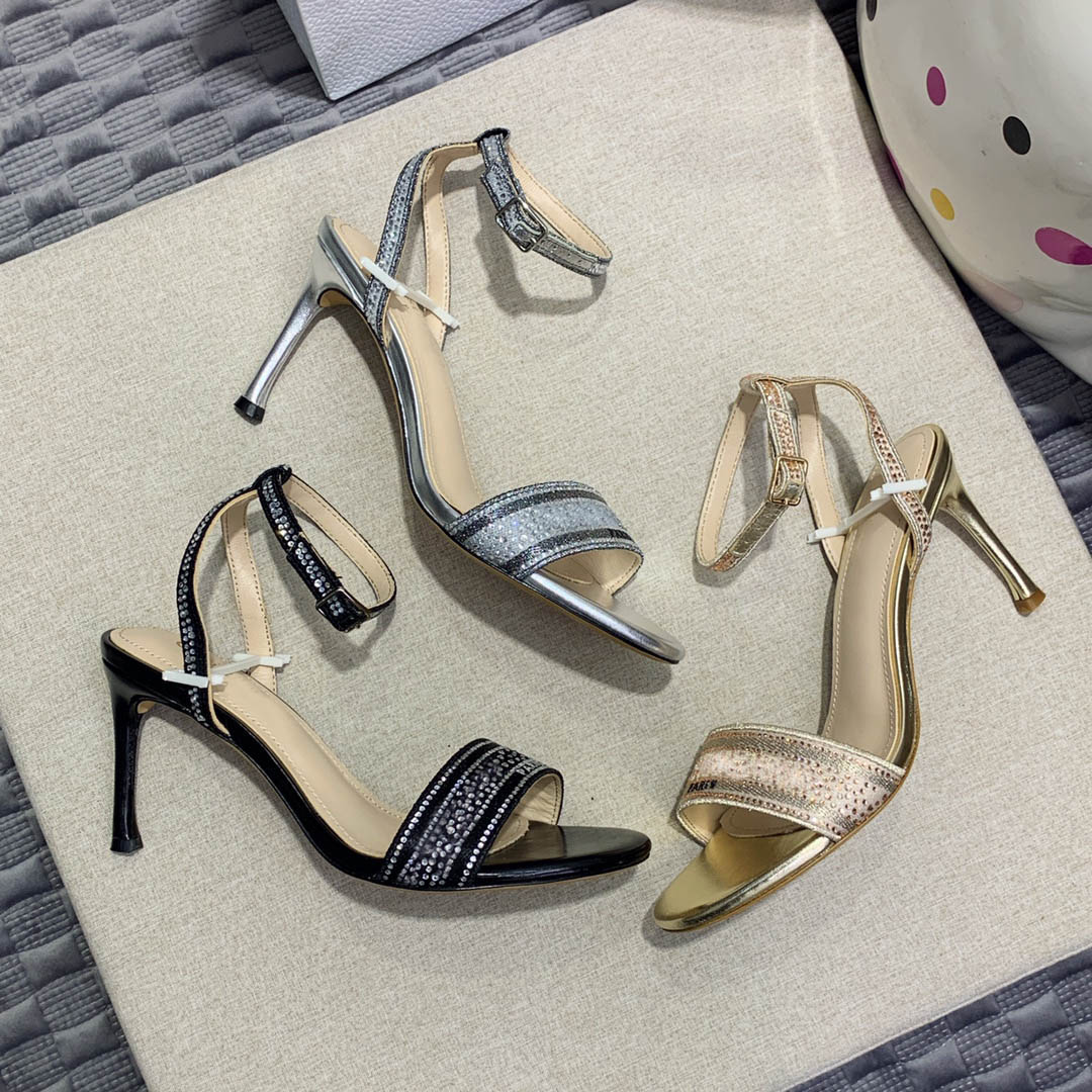 

Luxury Ladies Fashion Designer Style Stiletto Sandals Rhinestone Round Toe Slippers Summer Crystal 7.5cm Roman Sandals Wedding Party Dress Shoes size 35-44, Color 2 high heels 7.5cm