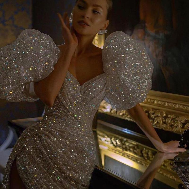 

Party Dresses Puff Short Sleeve Sheath Pleat Strapless Ivory Evening For Women Sequined Prom Gowns Ladies 2022 Summer ClubParty