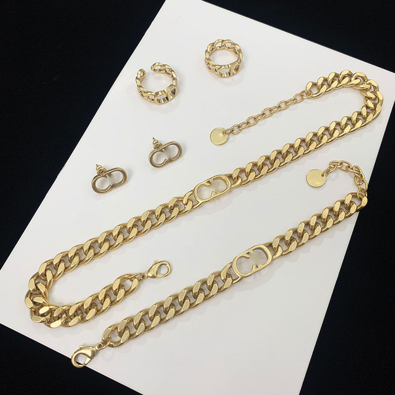 Luxury Brand Vintage Designer Letters Necklaces Bracelets Earrings Copper Gold Link Chain Necklace Party Jewelry-image-770777685