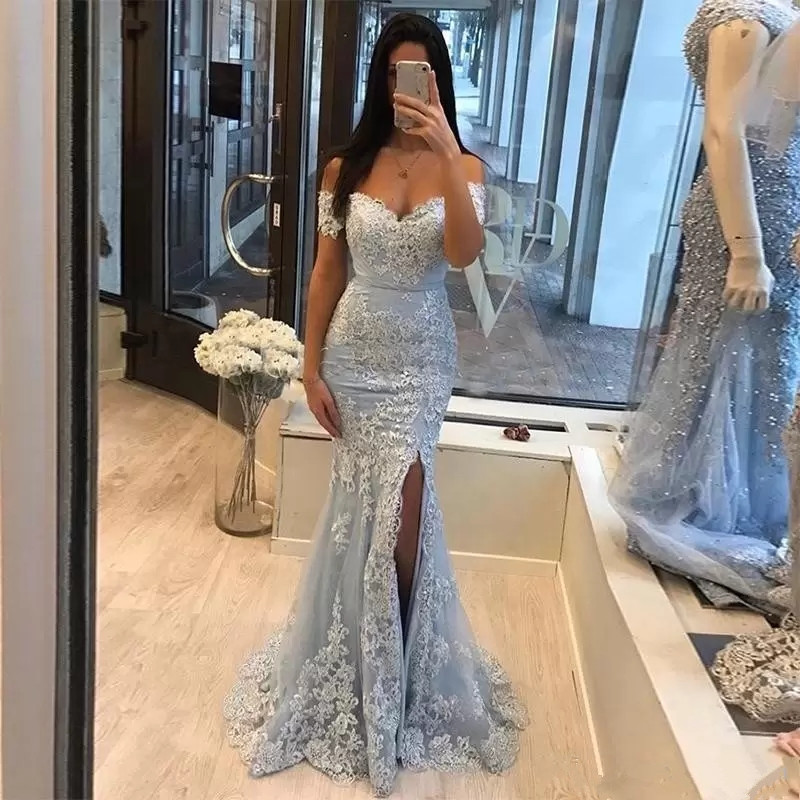 

Stylish Off Shoulder Light Sky Blue Prom Dress Mermaid Style Appliques Front Split New Special Occasion Party Dress Vestido De Noite, Hunter green