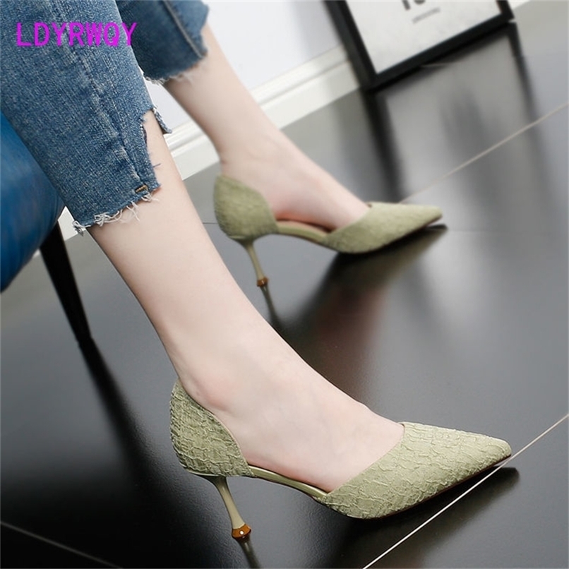 

French girl shallow mouth hollow high heels female stiletto net red wild small fresh pointed single shoes summer 220406, Green