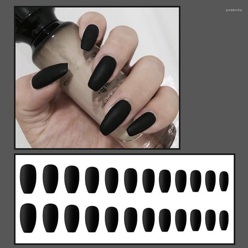 

False Nails 24pcs/box Full Cover Fake Press On Matte Yellow Pure Acrylic Frosted Ballerina For Women Long Nail Tips Prud22, Black
