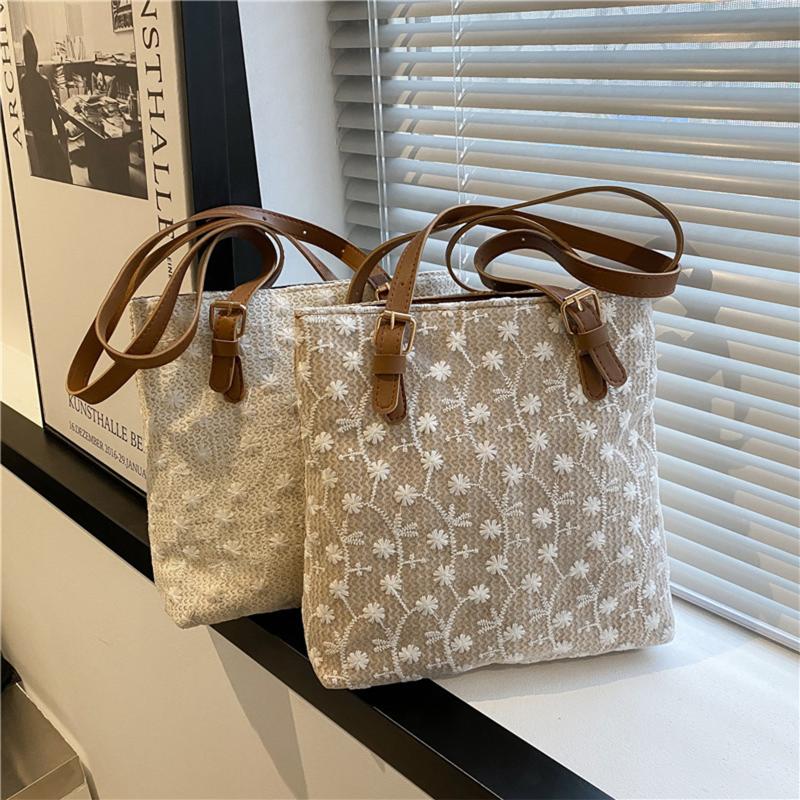 

Evening Bags Women Casual Straw Shoulder Bag Embroidery Flower Pattern Zipper Patchwork Adjustable ToteEvening, Khaki