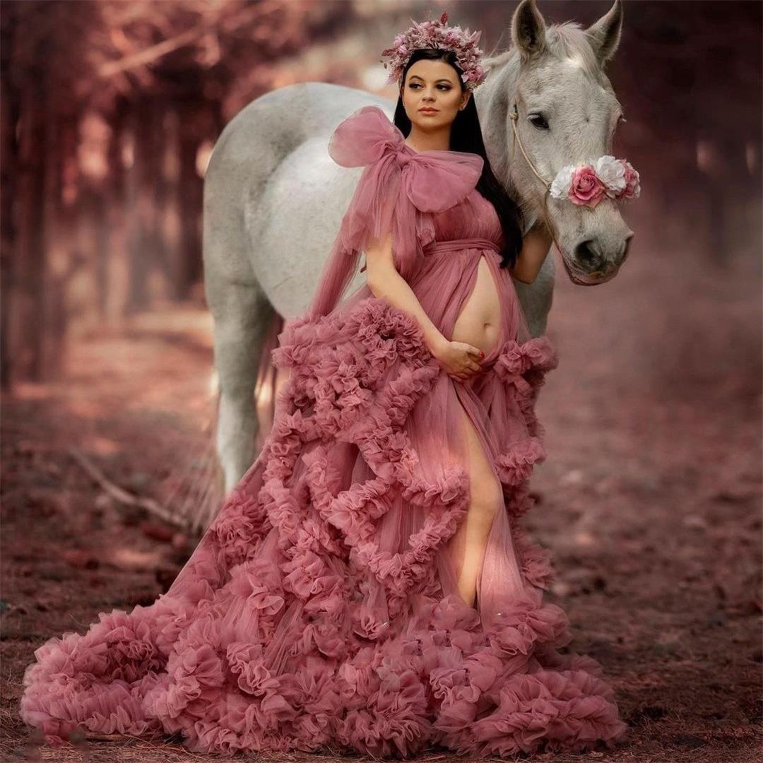 

Extra Ruffles Prom Dresses for Women Maternity Gowns Lace Up Boho Photoshooting Dress Country Style Bridal Robes, Dark red
