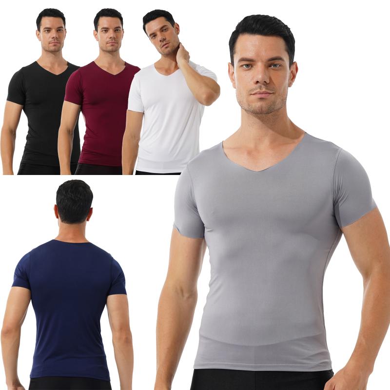 

Men's T-Shirts Plus Size Tops Men Shirt Summer Solid Color V Neck Short Sleeve T-Shirt Classic Casual Thin Stretchy Slim Fit Undershirt, White