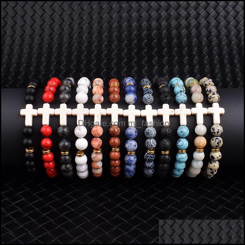 

Beaded Strands Bracelets Jewelry Fashion Jesus Cross Charm Men Nature Lava Stone 8Mm White Beads Prayer Reiki Bangles For Women Yoga Drop D
