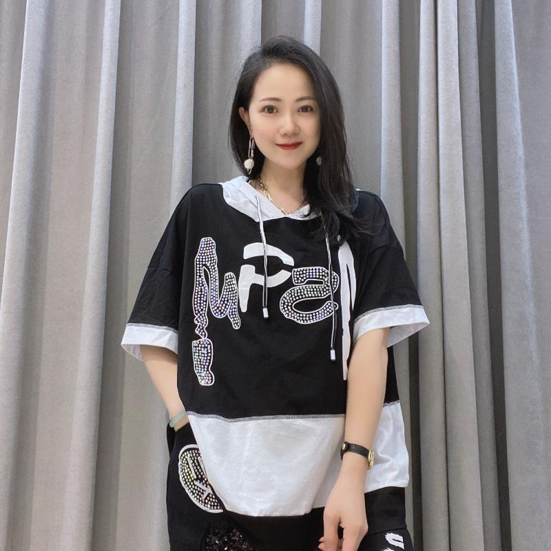 

Women's T-Shirt Big Size Glitters Letter Summer Thin Hooded Short Sleeve Women Street Wear Tees TopsWomen's, Black
