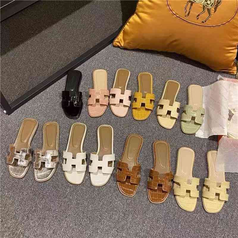 

Designer Herme Slippers Oran Sandal Ms All Sheepskin Crocodile Women Wear 2022 New Fashion Summer Cool Beach Flat Bo U1Y5, Light green crocodile sheepskin