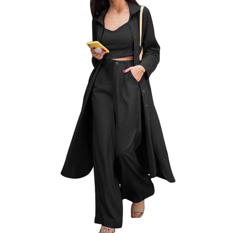 

Women' Two Piece Pants High Waist Full Length Turn-down Collar Wide Leg Autumn Outfit Female OutfitWomen, Black