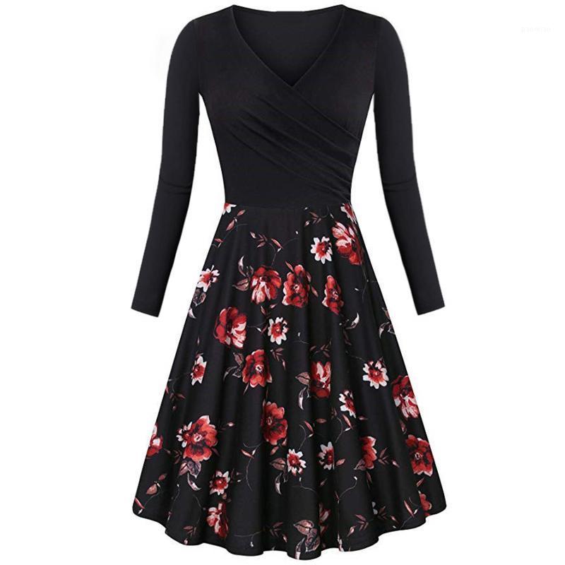 

Casual Dresses Vintage Beach Dress Women' Fashion Autumn Floral Print A-Line Long Sleeve V-Neck Elegant Loose Vestidos, Black