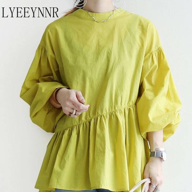 

Women's Blouses & Shirts LYEEYNNR Cotton Japan Style Harajuku Blouse Women Slim Waist O Neck Long Sleeve Pure Color Loose Ladies Tops, Black