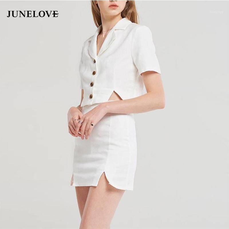 

JuneLove Women Elegant White Crop Top Shirt Buttons Notched Collar Short Sleeve Blouse Style Female Summer Blusas Women' Blouses & Shirts