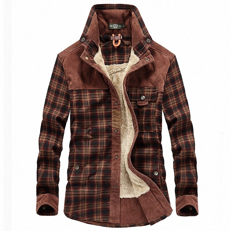 

men's winter thick fuzzy sherpa lined corduroy plaid button up flannel shirt jacket plaid-green, medium Q8nY#, Red coffee